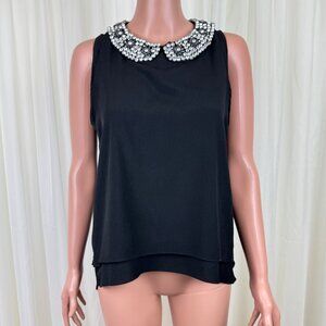 Women's ITRO Rhinestone Collar Sleeveless Blouse Top Size Medium Black